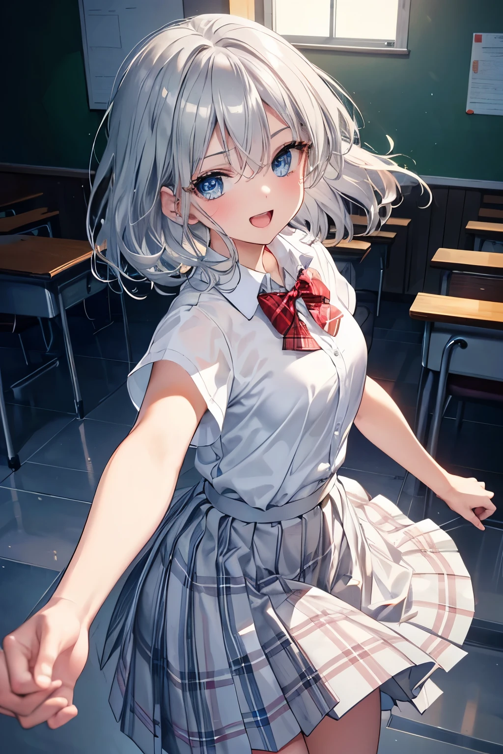 (Best quality,4K,8K,High resolution,Masterpiece:1.2),Super detailed,(Actual, Realistic),
break,
((Beautiful clear blue eyes:1.2)),very kind eyes,eyes wide open,beautiful eyelashes,beautiful lower eyelashes,
break,
((Beautiful and shiny silver hair:1.3)),A dazzling smile, a bursting smile, an open mouth laugh,
break,
short sleeve white dress shirt,red pleated skirt with plaid pattern,blue bow tie,
break,
classroom,dancing very happily