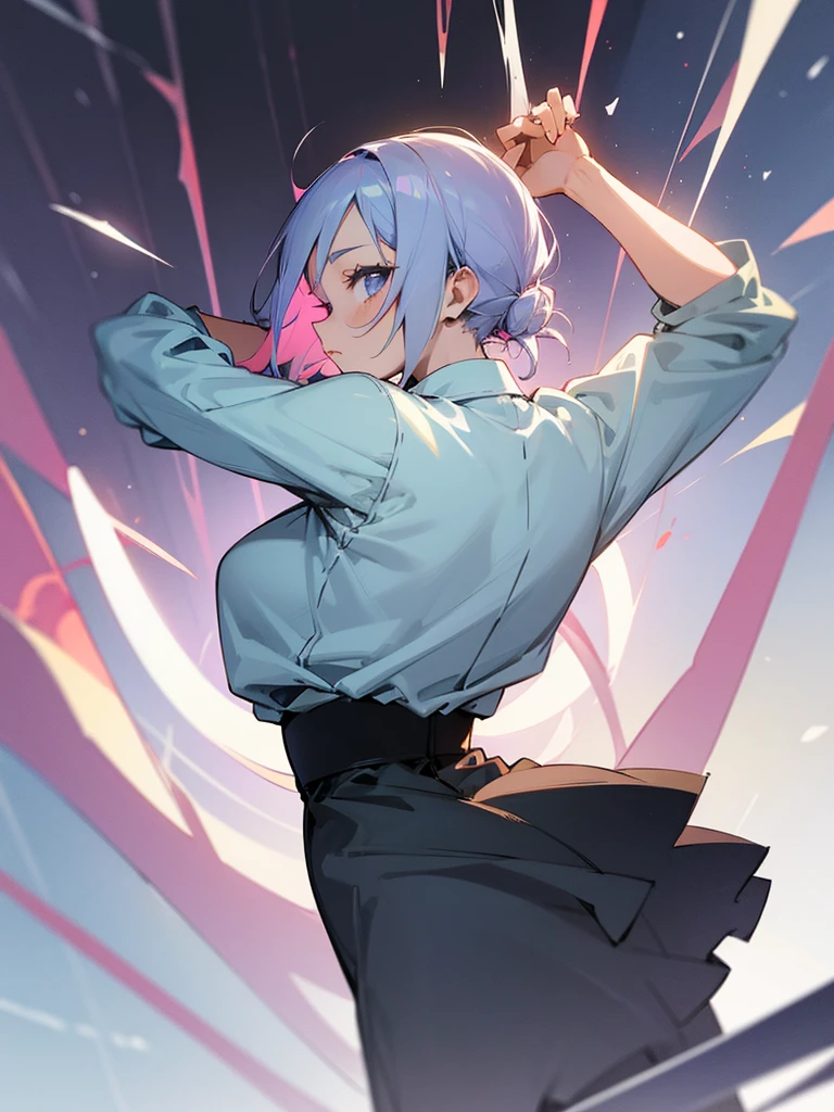 anime photo of a woman walking, then she looks back and stretches out her hand,