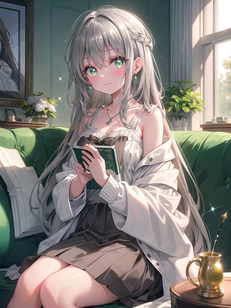((8k, best quality, master piece: 1.3)),super high resolution,(1 girl, solo), (colorshift eyes, hyperdetailed, expressive sparkling, glitter, glowing eyes), ultra detailed eyes, ultra-detailed face, random hair, ((silver gray color)), Ecstatic expression, A 15-year-old girl with light brown hair is relaxing in her living room at home. She is sitting backwards on the sofa, with soft sunlight streaming through the window gently illuminating her face. Her eyes are a clear emerald green, and a simple silver pendant gleams around her neck. She has a relaxed smile, holding her favorite book in her hands.