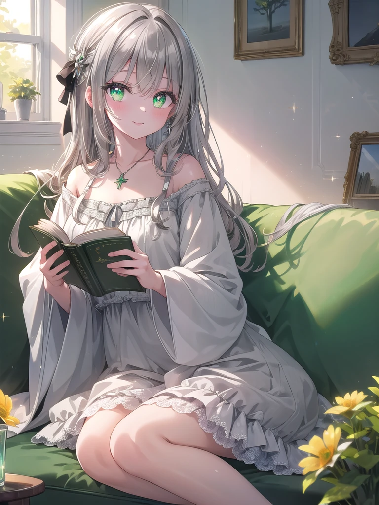 ((8k, best quality, master piece: 1.3)),super high resolution,(1 girl, solo), (colorshift eyes, hyperdetailed, expressive sparkling, glitter, glowing eyes), ultra detailed eyes, ultra-detailed face, random hair, ((silver gray color)), Ecstatic expression, A 15-year-old girl with light brown hair is relaxing in her living room at home. She is sitting backwards on the sofa, with soft sunlight streaming through the window gently illuminating her face. Her eyes are a clear emerald green, and a simple silver pendant gleams around her neck. She has a relaxed smile, holding her favorite book in her hands.