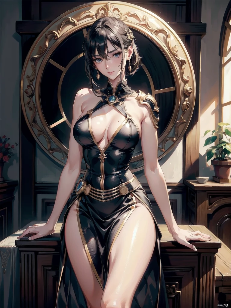 absurdres, RAW photo, extremely delicate and beautiful, masterpiece, Best Quality, ultra high resolution, 32k, hyperrealistic, ultra-detailed, perfect anatomy, anatomically correct, perfect figure, Perfect Style, Perfect balance, super Detailed skin, in her 30s, very Slim body, narrow waist, very small head, very small face, delicate facial features, handsome detailed woman, very detailed eyes and face, realistic face proportions, Realistic beautiful face, Realistic beautiful eyes, tearful mole, earring, very huge round tits, full body shot, bare legs, medium hair, indoor, Airship Pilot, skirt, sleeveless,