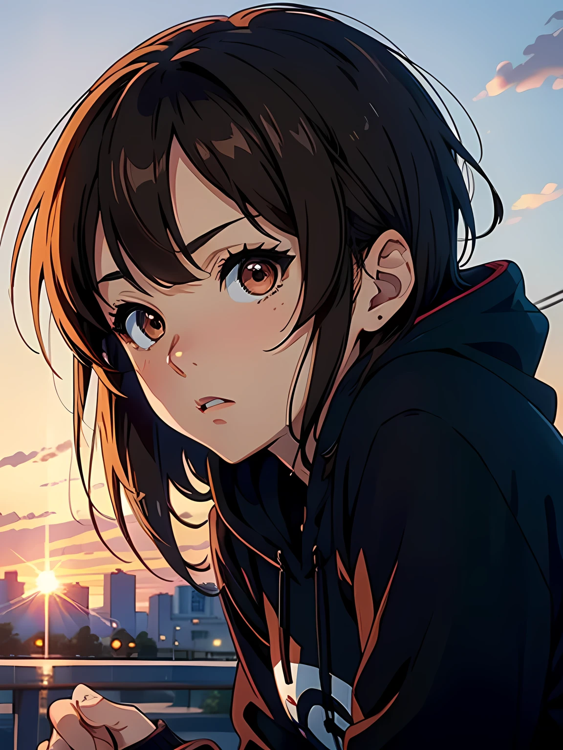 Extreme close-up of anime girl staring at camera with expressionless face, She has brown hair and brown eyes, Wearing a black hoodie. Shinkai Makoto style. Bokeh. depth of fields. Film grain. Sunset in the background.