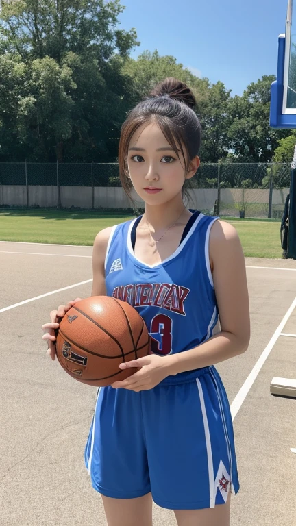 Basket Costume、Basketball uniform、Basketball court、basketball、1 girl、ponytail、Silver Hair、Medium breast、Masterpiece 1.3、Highest quality、Raw photo、