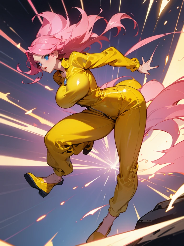 a mature woman , hero pose, big pink hair, shining blue eyes, wearing a mustard yellow jumpsuit. hero pose, big breasts35 years old, running away from a UFO