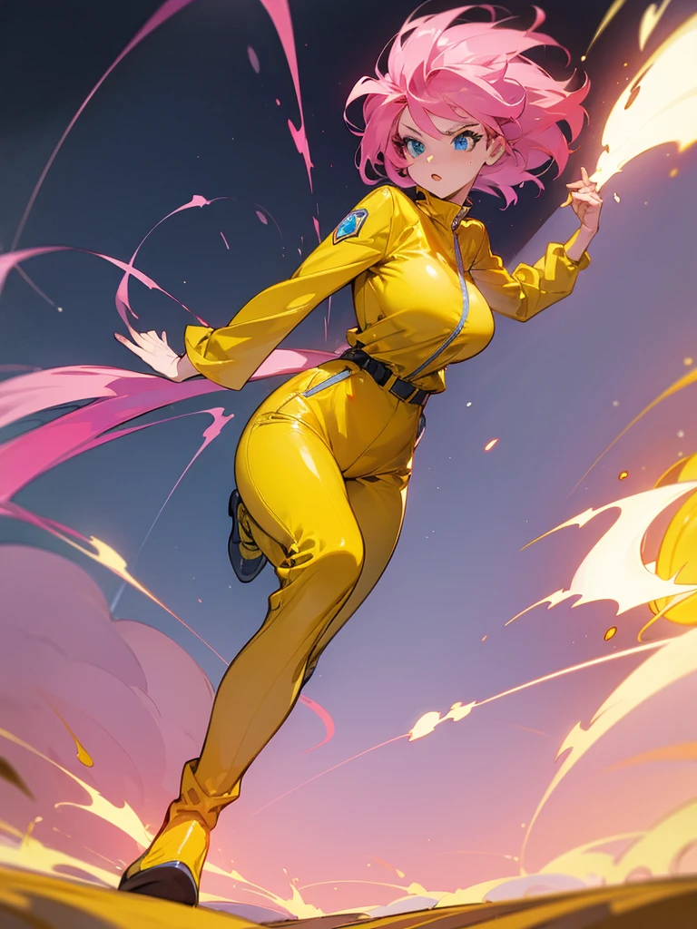 a mature woman , hero pose, big pink hair, shining blue eyes, wearing a mustard yellow jumpsuit. hero pose, big breasts35 years old, running away from a UFO