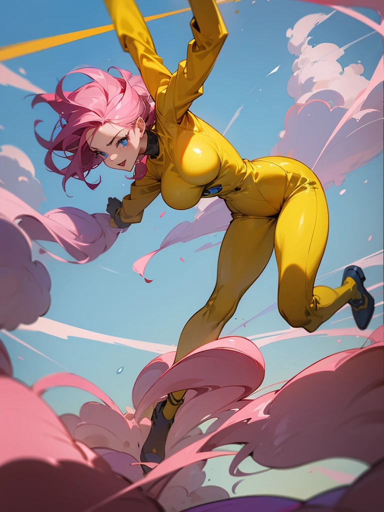 a mature woman , hero pose, big pink hair, shining blue eyes, wearing a mustard yellow jumpsuit. hero pose, big breasts35 years old, running away from a UFO