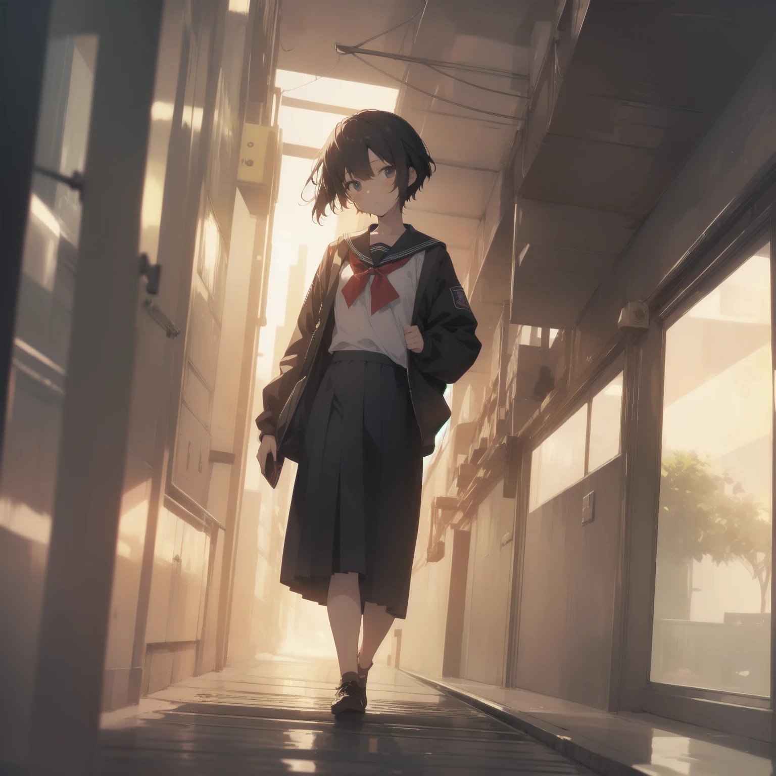 ultra-absurdres-Top quality by artist God, ultra-detailed, high resolution, anime moe artstyle, best anime 8k konachan wallpaper, pixiv contest winner, pool:2810, perfect anatomy,break, 1girl, (Please draw a girl walking sleepily to school alone. )break,(Solo,little female, 13-year-old:1.3),Full limbs, complete fingers,a junior high school student, (very short hair), short cut, flat chest, , small butt, small black eyes, beautiful detailed eyes, well-proportioned iris and pupils, expressive eyes, highres detailed hair, soft expression, salor school_uniform, sailor collar, serahuku, bow, pleated skirt,(Detailed Lighting), (Detailed background), in the School commute route. break,super detailed skin, Best cinematic lighting powered by famous artist, 8k,beauty illustration,photoshop_(medium),very aesthetic,break,((artist:kotorai )), artist:clamp ,artist:carnelian ,artist:kantoku ,