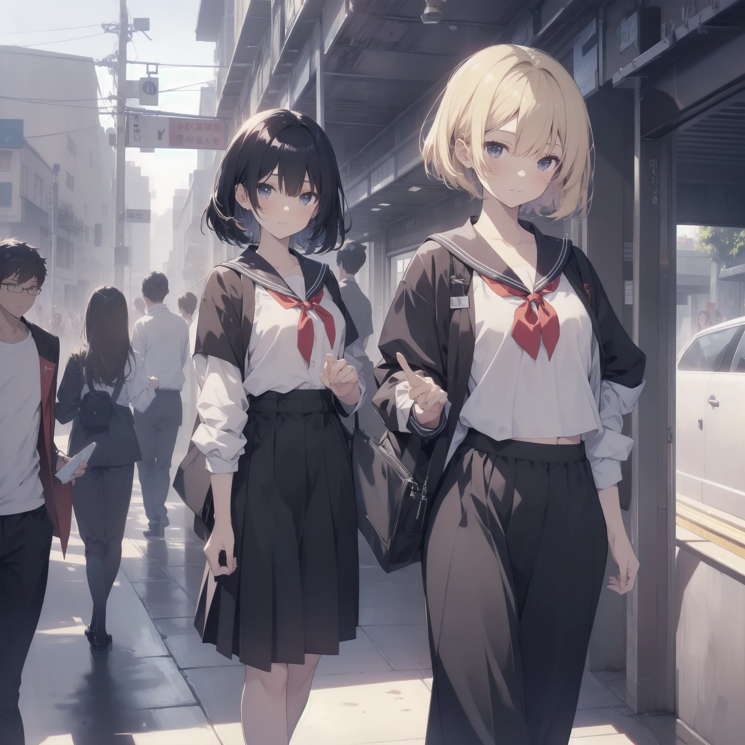 ultra-absurdres-Top quality by artist God, ultra-detailed, high resolution, anime moe artstyle, best anime 8k konachan wallpaper, pixiv contest winner, pool:2810, perfect ???????,break, 1girl, (Please draw a girl walking sleepily to school alone. )break,(Solo,little female, 13-year-old:1.3),Full limbs, complete fingers,a junior high school student, (very short hair), short cut, flat chest, , small butt, small black eyes, beautiful detailed eyes, well-proportioned iris and pupils, expressive eyes, highres detailed hair, soft expression, salor school_uniform, sailor collar, serahuku, bow, pleated skirt,(Detailed Lighting), (Detailed background), in the School commute route. break,super detailed skin, Best cinematic lighting powered by famous artist, 8k,beauty illustration,photoshop_(medium),very aesthetic,break,((artist:kotorai )), artist:clamp ,artist:carnelian ,artist:kantoku ,
