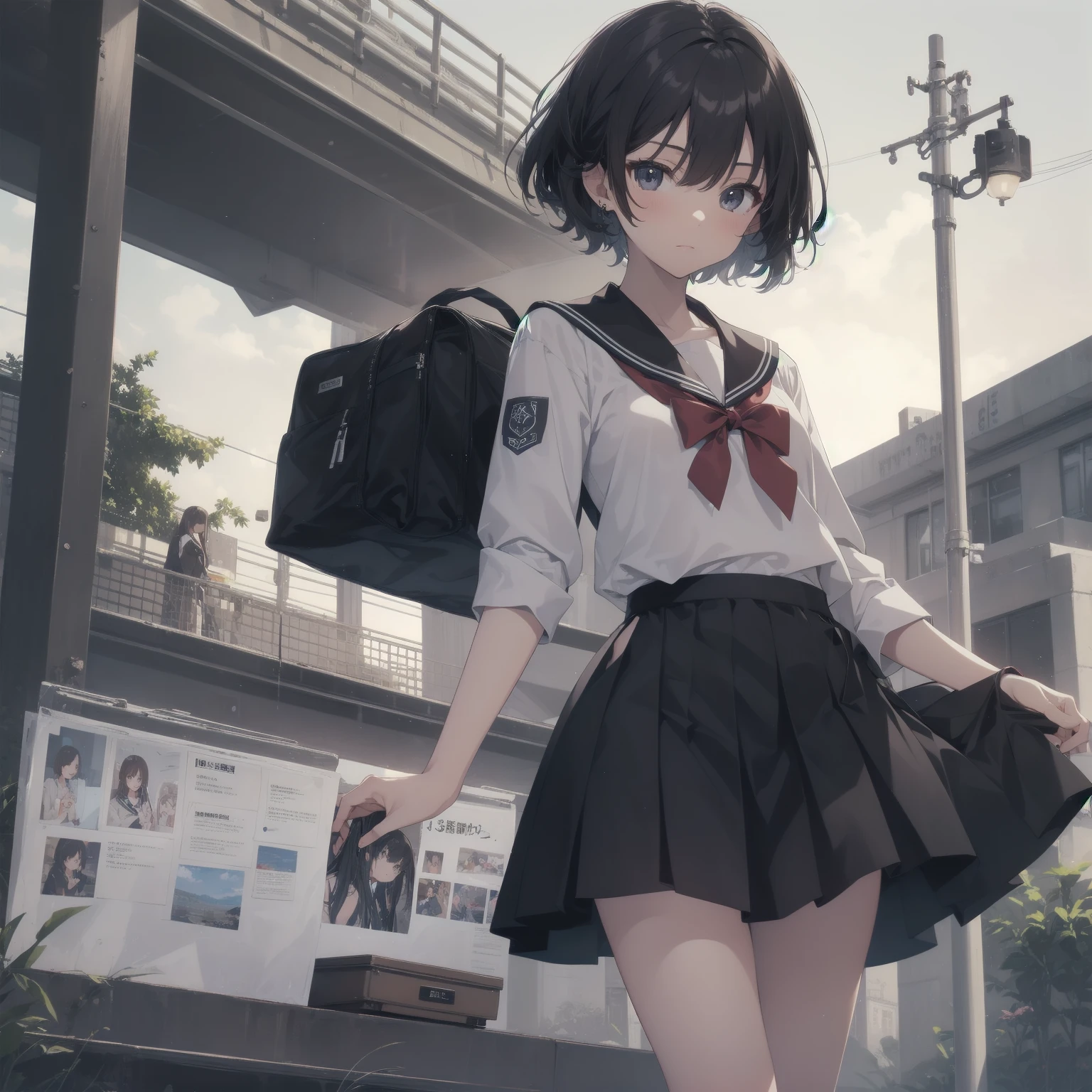 ultra-absurdres-Top quality by artist God, ultra-detailed, high resolution, anime moe artstyle, best anime 8k konachan wallpaper, pixiv contest winner, pool:2810, perfect anatomy,break, 1girl, (Please draw a girl walking sleepily to school alone. )break,(Solo,little female, 13-year-old:1.3),Full limbs, complete fingers,a junior high school student, (very short hair), short cut, flat chest, , small butt, small black eyes, beautiful detailed eyes, well-proportioned iris and pupils, expressive eyes, highres detailed hair, soft expression, salor school_uniform, sailor collar, serahuku, bow, pleated skirt,(Detailed Lighting), (Detailed background), in the School commute route. break,super detailed skin, Best cinematic lighting powered by famous artist, 8k,beauty illustration,photoshop_(medium),very aesthetic,break,((artist:kotorai )), artist:clamp ,artist:carnelian ,artist:kantoku ,