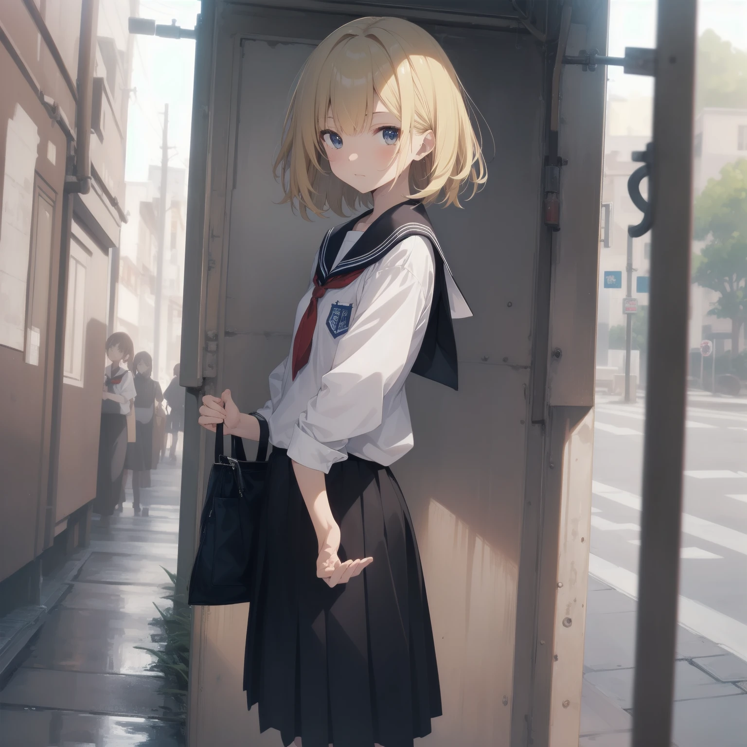 ultra-absurdres-Top quality by artist God, ultra-detailed, high resolution, anime moe artstyle, best anime 8k konachan wallpaper, pixiv contest winner, pool:2810, perfect anatomy,break, 1girl, (Please draw a girl walking sleepily to school alone. )break,(Solo,little female, 13-year-old:1.3),Full limbs, complete fingers,a junior high school student, (very short hair), short cut, flat chest, , small butt, small black eyes, beautiful detailed eyes, well-proportioned iris and pupils, expressive eyes, highres detailed hair, soft expression, salor school_uniform, sailor collar, serahuku, bow, pleated skirt,(Detailed Lighting), (Detailed background), in the School commute route. break,super detailed skin, Best cinematic lighting powered by famous artist, 8k,beauty illustration,photoshop_(medium),very aesthetic,break,((artist:kotorai )), artist:clamp ,artist:carnelian ,artist:kantoku ,