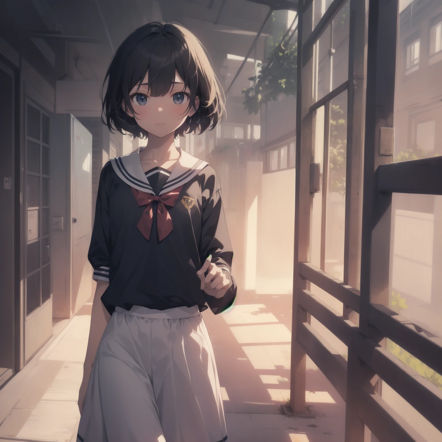 ultra-absurdres-Top quality by artist God, ultra-detailed, high resolution, anime moe artstyle, best anime 8k konachan wallpaper, pixiv contest winner, pool:2810, perfect ???????,break, 1girl, (Please draw a girl walking sleepily to school alone. )break,(Solo,little female, 13-year-old:1.3),Full limbs, complete fingers,a junior high school student, (very short hair), short cut, flat chest, , small butt, small black eyes, beautiful detailed eyes, well-proportioned iris and pupils, expressive eyes, highres detailed hair, soft expression, salor school_uniform, sailor collar, serahuku, bow, pleated skirt,(Detailed Lighting), (Detailed background), in the School commute route. break,super detailed skin, Best cinematic lighting powered by famous artist, 8k,beauty illustration,photoshop_(medium),very aesthetic,break,((artist:kotorai )), artist:clamp ,artist:carnelian ,artist:kantoku ,