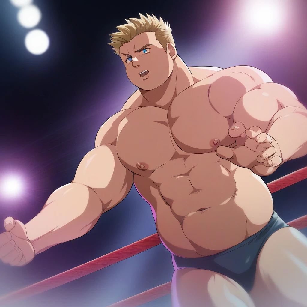 score_9, score_8_up, score_7_up, source_anime, score_6_up, BREAK 1man, heavy weight muscular, black wrestling bikini, solo, topless, blonde, fighting stance, hollywood action, masculine handsome guy, tsurime, sanpaku, blue eyes, spiked hair, nipples, abs, male high ratio body proportions, dramatic expression, dutch angle, on wrestling ring, thick waist, stocky waist, slighty chubby, muscular plump, 1990s, cinematic shadows, cinematic lighting, lens flare, light leaks, VHS Quality