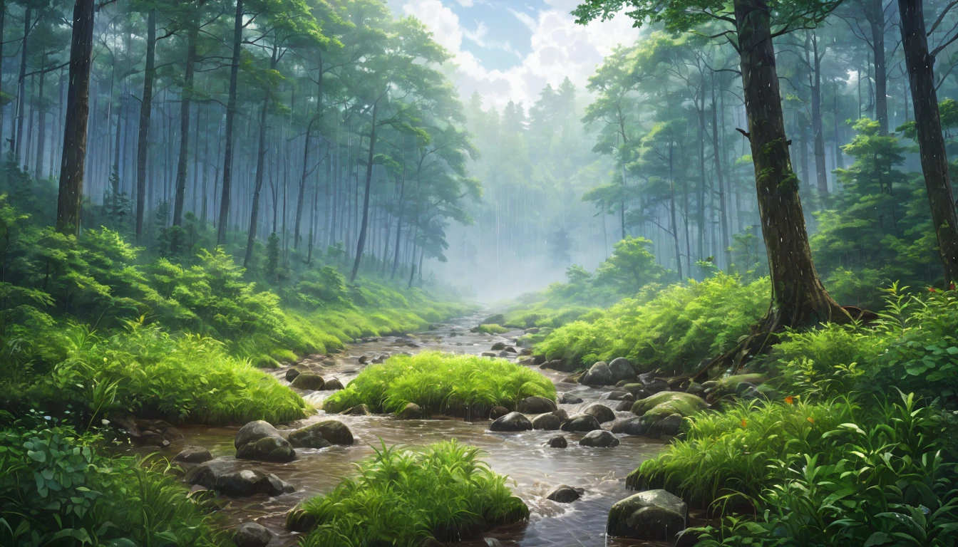 early summer,cloudy,forest,heavy rain,Rich in nature,Highest quality, 8k, High resolution, masterpiece:1.2, Very detailed, Realistic:1.37, High resolution, 超High resolution, Very detailed, Professional, Vibrant colors