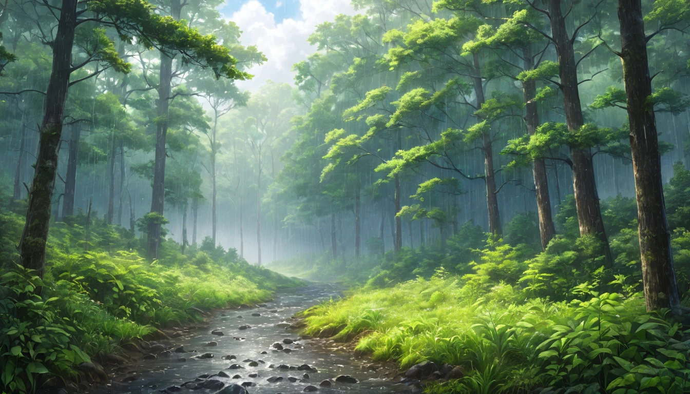 early summer,cloudy,forest,heavy rain,Rich in nature,Highest quality, 8k, High resolution, masterpiece:1.2, Very detailed, Realistic:1.37, High resolution, 超High resolution, Very detailed, Professional, Vibrant colors