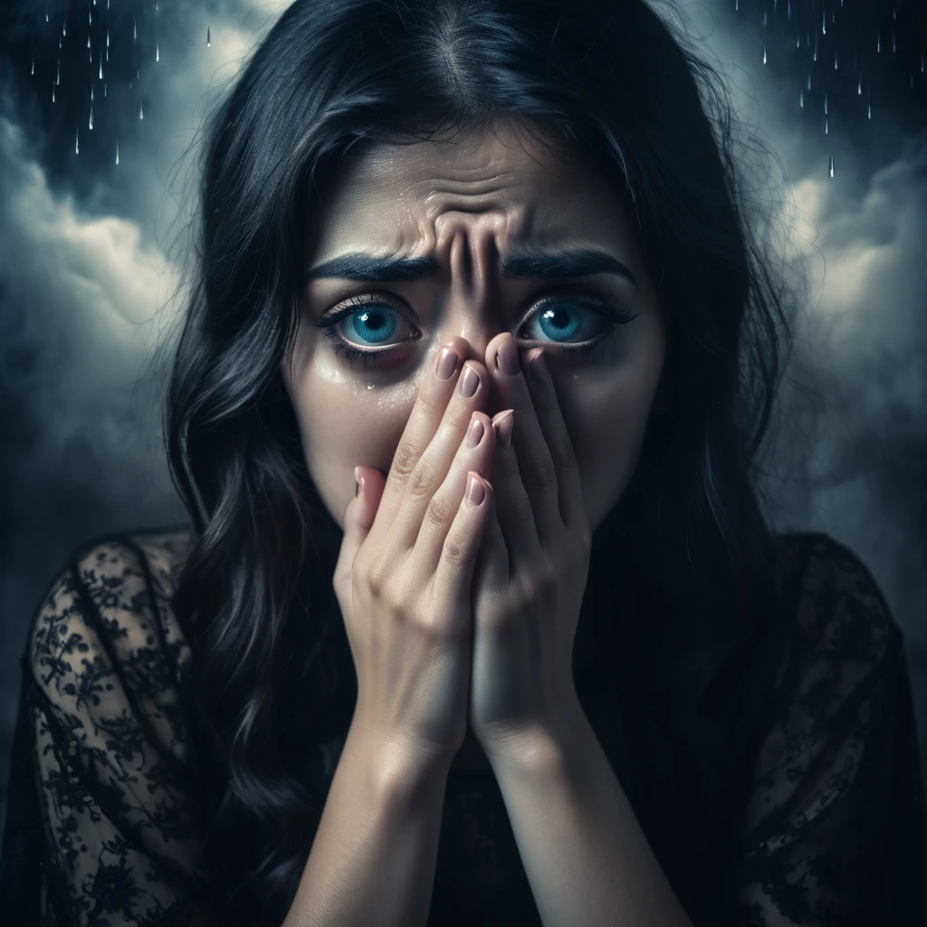 Make a dreamy mysterious horror style image symbolizing anxiety and hope, symbols of fingers crossed and crying eyes