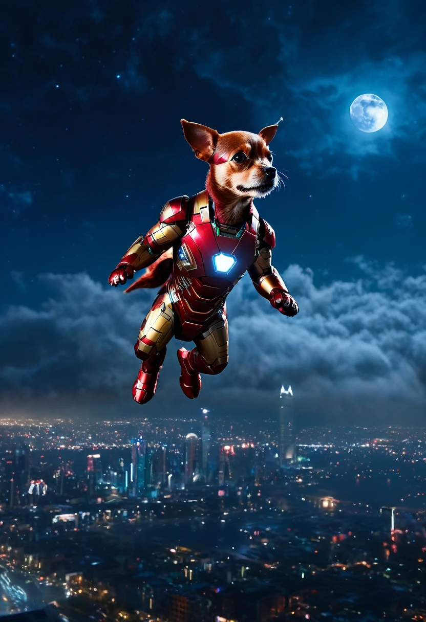 a small dog in iron man suit flying in night sky, moon, cityscape in background, cinematic lighting, highly detailed, 8k, photorealistic, studio lighting, intricate details, dynamic pose, glossy metal textures, glowing repulsor effects, atmospheric fog, vibrant colors, dramatic shadows, volumetric lighting