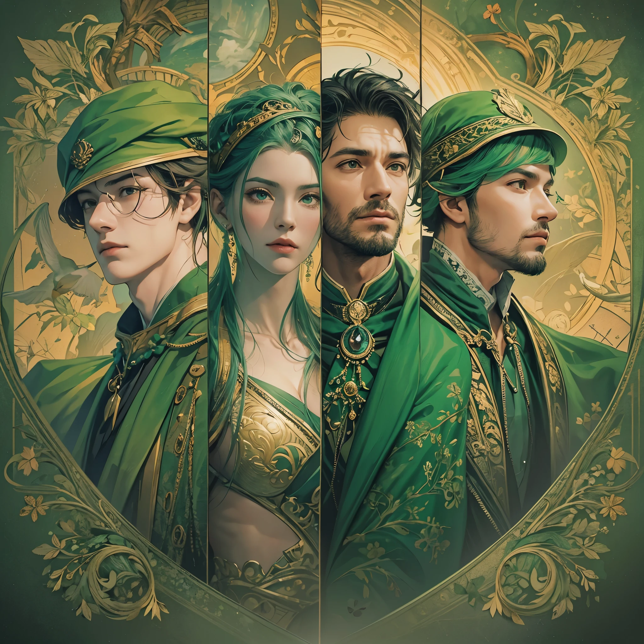 Create an image divided into four sections with a green theme: a lively Campaigner male, a serene Mediator female, a confident Protagonist male, and a wise Advocate male, each in distinctive poses against a unified backdrop with shades of green, incorporating delicate and mystical elements to enhance the overall visual appeal.