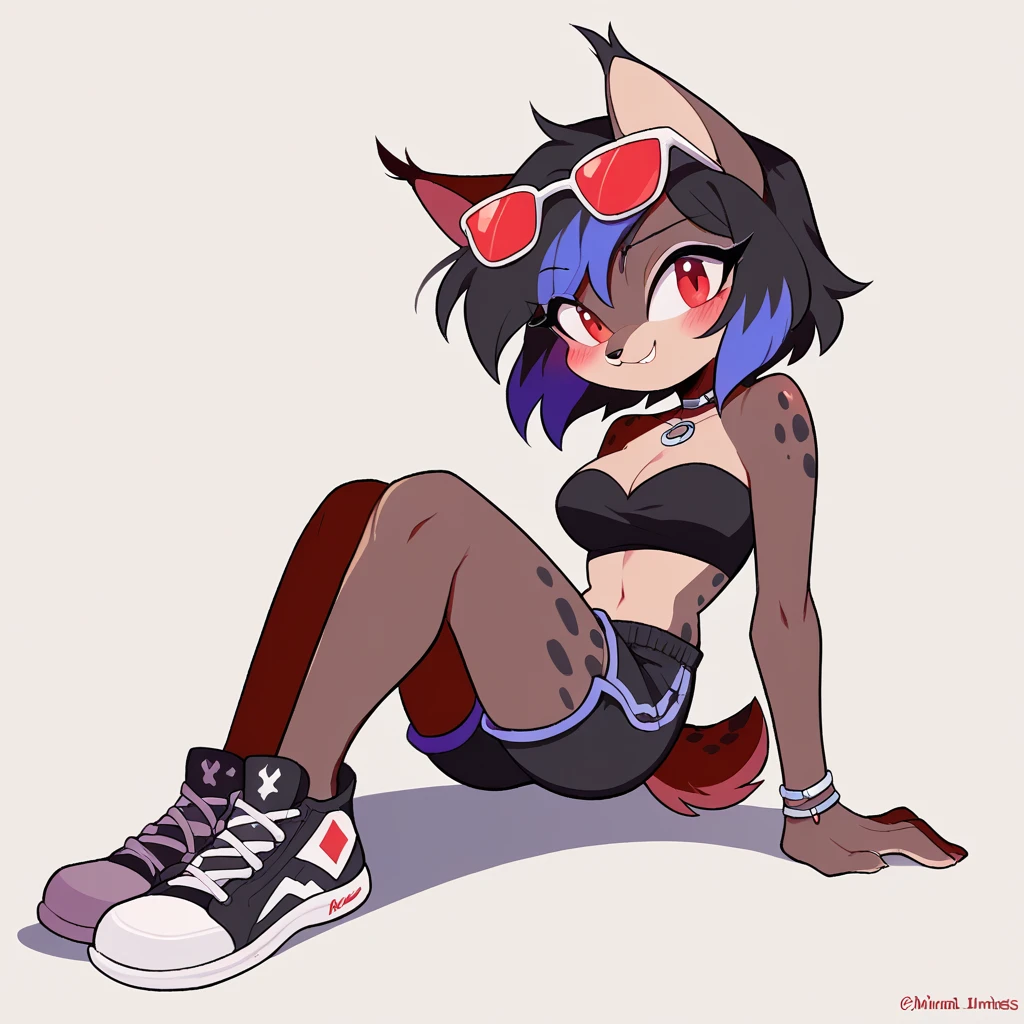 score_9, score_8_up, solo, mobian, nicole the lynx, two-tone fur ((brown fur, black fur)), pyjama elastic shorts, strapless crop top, cleavage, high-top sneakers, two-tone hair (black hair, black tip)), silky hair, sunglasses, jewelry, red eyes, longeyelashes, red eyes, smile, shy, blush
