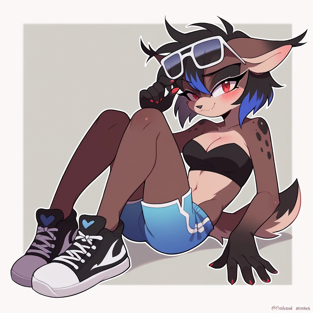 score_9, score_8_up, solo, mobian, nicole the lynx, two-tone fur ((brown fur, black fur)), pyjama elastic shorts, strapless crop top, cleavage, high-top sneakers, two-tone hair (black hair, black tip)), silky hair, sunglasses, jewelry, red eyes, longeyelashes, red eyes, smile, shy, blush