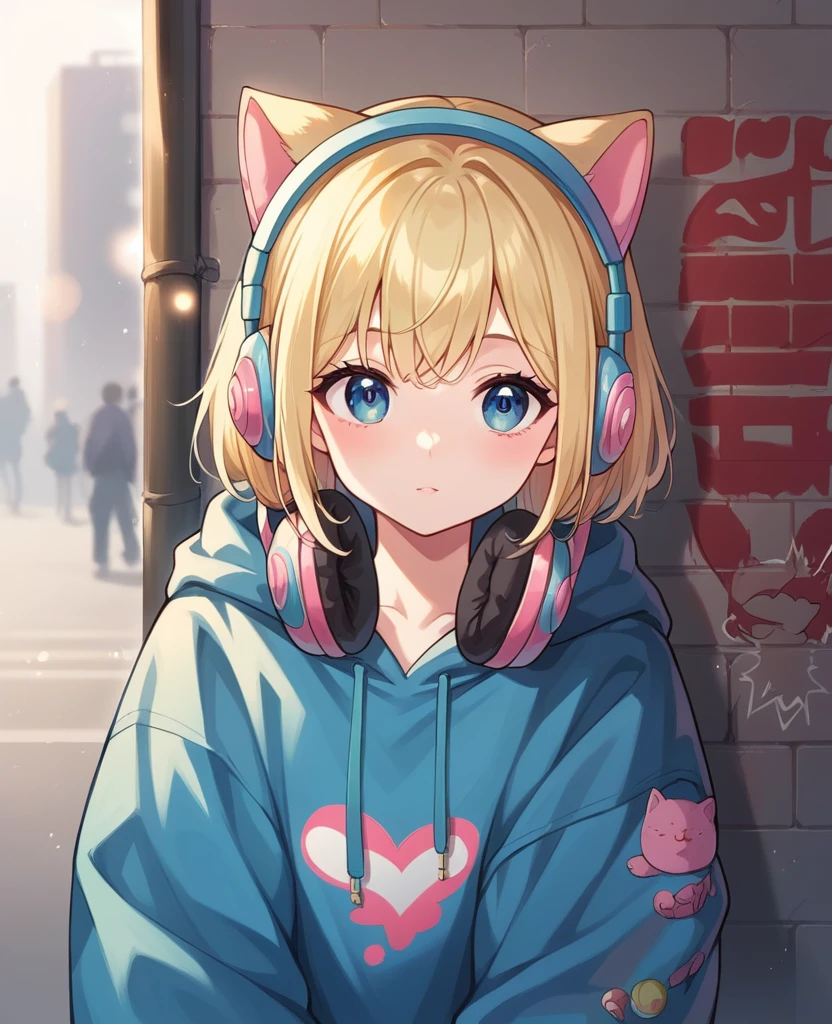 Cute cat dressed in a blue neon hoodie with pastel gold blonde accents, oversized headphones snugly fit around its neck, mid-action as it maneuvers through an urban setting, backdrop of graffiti-covered walls, contemporary streetwear fashion vibe, pastel tones, soft-focus background, bokeh lights, digital painting, ultra fine, ultra realistic