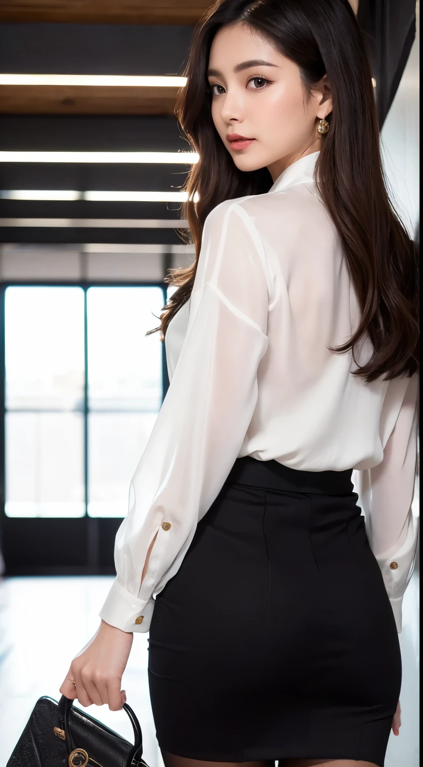 (((8k、High resolution、Highest quality、High resolution))), A beautiful and seductive mature elite secretary in a luxurious silk blouse、40 years、height 154cm、Well-proportioned body type、Hourglass illustration、Skirt and thighs、Walking the hallway、Office Clothes, (Wearing pantyhose,Realistic pantyhose)、Working in the office、Wearing a satin blouse, Ultra-thin fabric、Smooth、See-through fabric、Wear high-quality high heels、 Blouse Girl, Wearing an elegant blouse, Wearing a very thin blouse, Businesswoman, Blouse and skirt, Wearing a silk blouse, Wear a shirt and skirt, Japanese Goddess、RAW Photos, (8k、Highest quality、masterpiece:1.2)、(Intricate details:1.4)、(Photorealistic:1.4)、Octane Rendering、Complex 3D rendering with ultra-detail, Studio Soft Light, Rim Light, Vivid details, Super Detail, Realistic skin texture, Detailed aspect, Beautiful details in the eyes, Highly detailed CG Unity 16k wallpaper, compensate, (Detailed Background:1.2), Glowing Skin、looked back、Exposed thighs!!!,