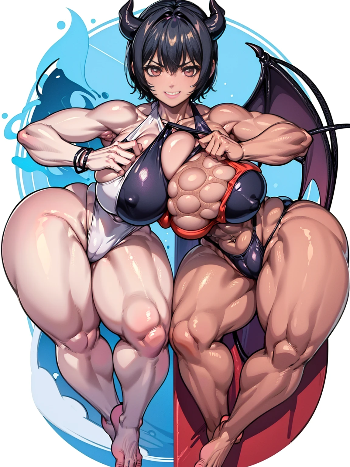 Serious face、(Grin:1.2)、(In 4K)、(High resolution:1.2)、(High freshness)、、(Whole Body Ezbian:1.2)、((short hair:1.2))、(Huge, perky, fake breasts:1.4)、Deep valley、(Two brave women with big fighting the devil:1.6))、Skin Dance、 (Firm chest:1.6)、(Orange eyes)、((tight competition swimwear:1.6))、(Perfect body:1.8)、Wide Hips, Thick thighs, Huge Ass、Skin dents、(barefoot:1.2)、(Great abs:1.4)、(Narrow waist:1.4)、(White Background)、(Grab your chest:1.4)