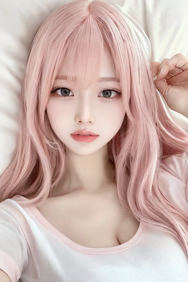 Cleavage:1.5、Full body image:1.2,(Pink Hair:1.5)、masterpiece、Highest quality、Extremely detailed 8K、Ultra HD、Very detailedな、Very detailed、Very realistic、Realistic、Japanese、One Girl、High head rate、Beautiful realistic face、Realistic face in every detail、Attention to detail, Realistic Hair、Beautiful and realistic hairstyles、Beautiful and realistic eyes、hVery detailed realistic eyes、Proportional eyes、HVery detailed pupils、Very detailedリアルな自然な眉毛、Very detailedリアルな唇、 Beautiful and realistic lips、Pink lipstick、Sexy lips、Realistic and well-proportioned breasts、Realistic medium sized breasts、Slim Abs、Very detailed皮膚、(??????????? t-shirt:1.5)、(Lie on your back on a soft bed:1.5)、Condescending smile、From above、Cute room for female college students