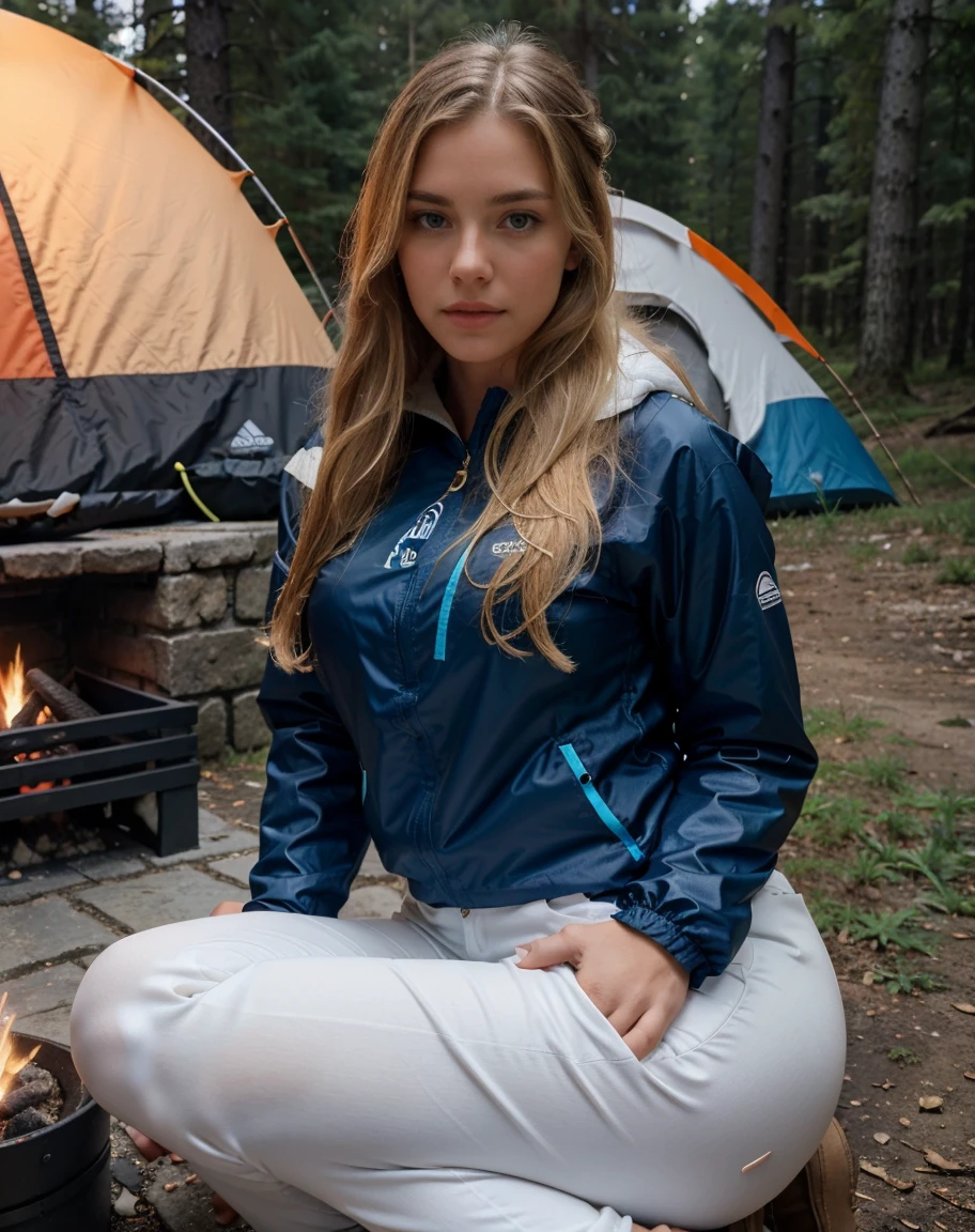 a photo portrait of a beautiful full whitegirl with long hairs and dark blue eyes ,big ass ,small sporty and round breast ,high definition, more sharp , ( blonde hair:1.10),front photo pose,is camping with friends. She’s dressed in practical outdoor gear, a waterproof jacket over a moisture-wicking top, paired with sturdy pants. She’s at a campsite, her body relaxed as she sits by the fire, her eyes filled with wonder as she gazes at the starry sky.