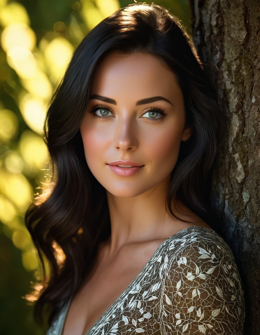 (masterpiece), best quality, A portrait of a 23-year-old brunette woman (her face is a mix of Christine Taylor and 1970's Maureen Mc Cormick), dramatically lit by warm sunlight that creates patterns of light and shadow across her features. Light filters through the leaves of a tree, casting scattered shadows that give texture to her skin. Her light acqua-colored eyes are striking, with the iris clearly visible and reflecting the light, becoming the focal point of the photograph. Her expression is happy and smiling and she looks out of the frame with a gentle intensity. She has long, straight light black hair and her light pale skin is toned by the sunlight. The overall atmosphere is intimate, emphasizing the intricate interplay of light and dark on her face. HDR(HighDynamicRange),Ray tracing,NVIDIA RTX,Hyper-Resolution,Unreal 5,sub-surface Scattering,PBR Texturing,Postprocess,Anisotropy Filtering,depth of fields,Maximum clarity and sharpness,multi-layer texture,Albedo and specular maps,Surface Shading