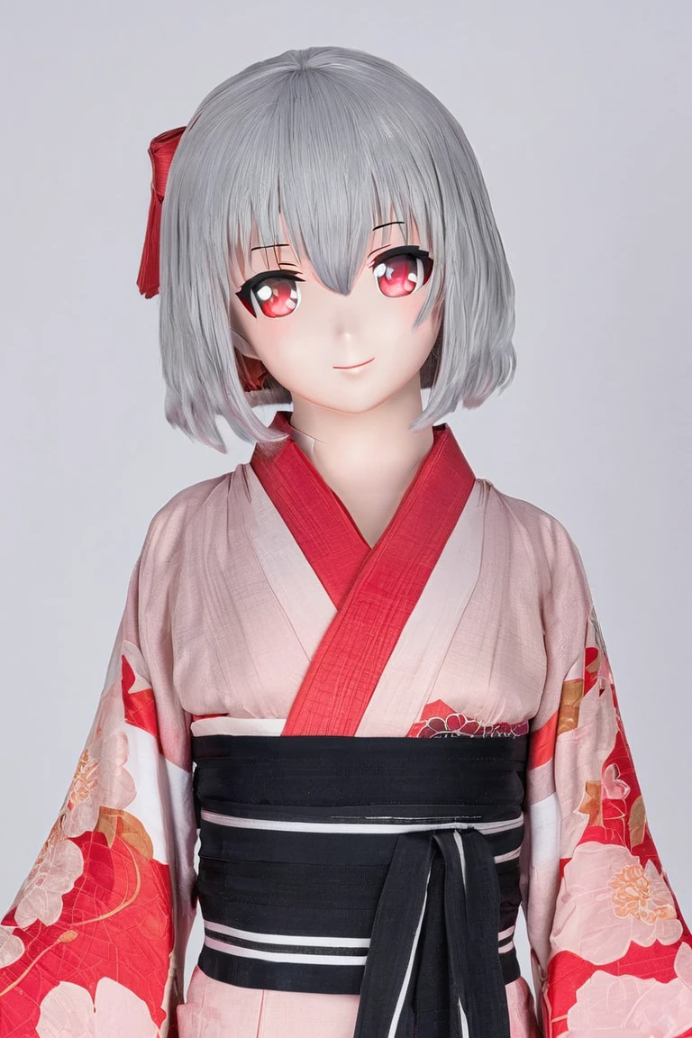  Highly detailed eyes, Highly detailed face, whole body, 1 girl, alone, Are standing, A light smile, Studio Background, (Black background), Gray Hair, Medium chest, Cleavage, sarashi, bandage, kimono, blush, Red eyes