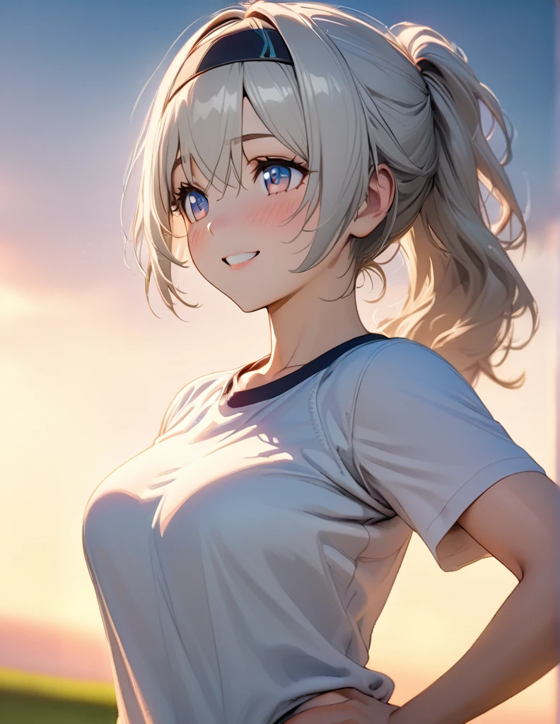 beautiful girl, long grey hair, tying her hair into ponytail, beautiful face,smiling,close up to hips, beautiful breast, warming up for jogging on field, illustration,detailed textures(realists),ultra-detailed,portrait style,vivid colors,soft lighting, blushing, mature, hair fluttering, evening light , head band, ((half body)), wearing simple workout shirts without bra, perky. ((side profile until hips)), very shy