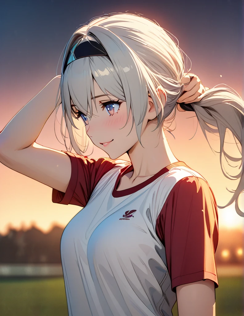 beautiful girl, long grey hair, tying her hair into ponytail, beautiful face,smiling,close up to hips, beautiful breast, warming up for jogging on field, illustration,detailed textures(realists),ultra-detailed,portrait style,vivid colors,soft lighting, blushing, mature, hair fluttering, evening light , head band, ((half body)), wearing simple workout shirts without bra, perky. ((side profile until hips)), very shy