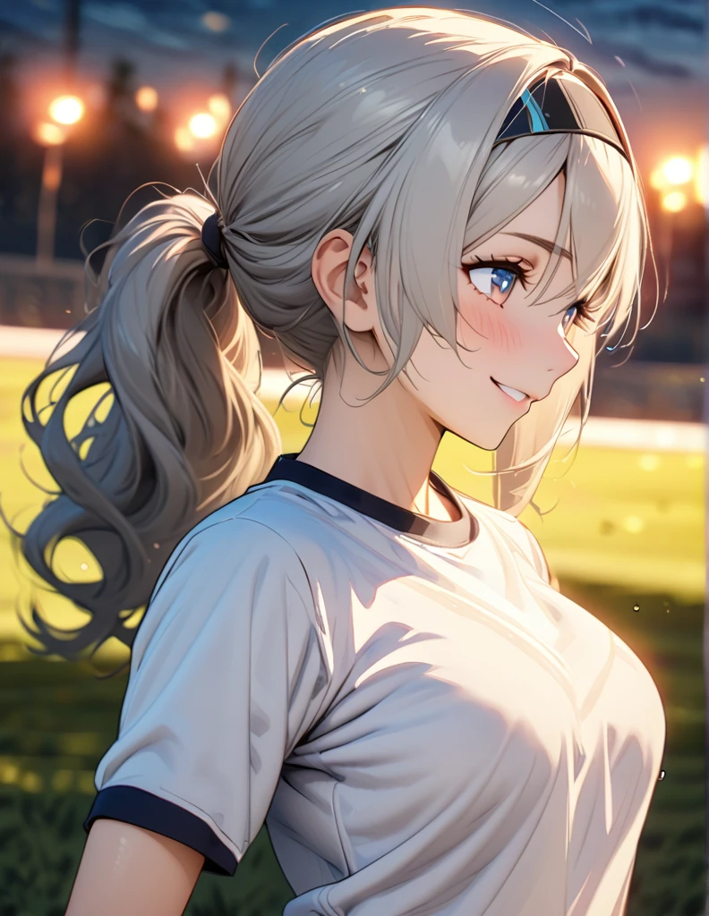 beautiful girl, long grey hair, tying her hair into ponytail, beautiful face,smiling,close up to hips, beautiful breast, warming up for jogging on field, illustration,detailed textures(realists),ultra-detailed,portrait style,vivid colors,soft lighting, blushing, mature, hair fluttering, evening light , head band, ((half body)), wearing simple workout shirts without bra, perky. ((side profile until hips)), very shy