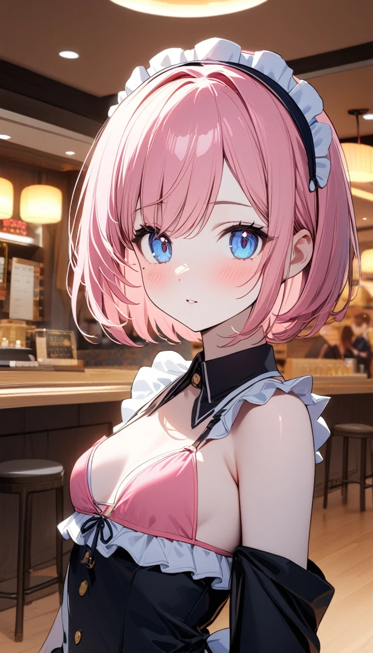 (1 girl),(Best Picture Quality, 8K, Masterpiece:1.3), (high school student:1.5), ((pink lob hair:1.1)), (bob cut),(swept bangs), (cute eyes, pupil black, iris skyblue, youthful face), (mole under right eye), (standard weight), (small breasts), (glistening skin:1.1),(pale skin:1.2),((bikini maid)),(Beijing:1.2), restaurant.