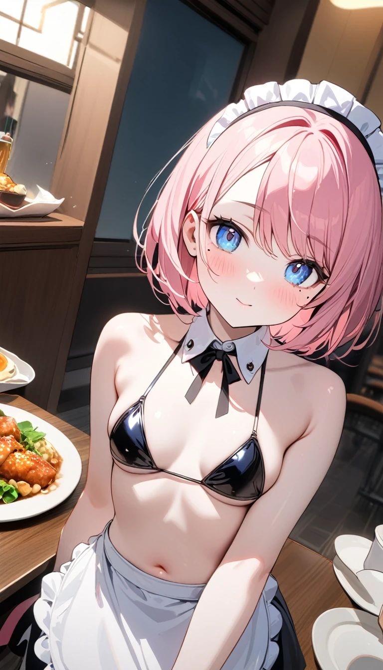 (1 girl),(Best Picture Quality, 8K, Masterpiece:1.3), (high  student:1.5), ((pink lob hair:1.1)), (bob cut),(swept bangs), (cute eyes, pupil black, iris skyblue, youthful face), (mole under right eye), (standard weight), (small breasts), (glistening skin:1.1),(pale skin:1.2),((bikini maid)),(Beijing:1.2), restaurant.