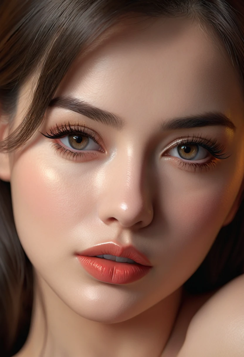 A beautiful woman with an extremely lustful, erotic expression, detailed and realistic face, full sexy lips, large bedroom eyes, long eyelashes, mischievous look, (best quality,4k,8k,highres,masterpiece:1.2),ultra-detailed,(realistic,photorealistic,photo-realistic:1.37),portrait, dramatic lighting, warm color tones, chiaroscuro, cinematic composition