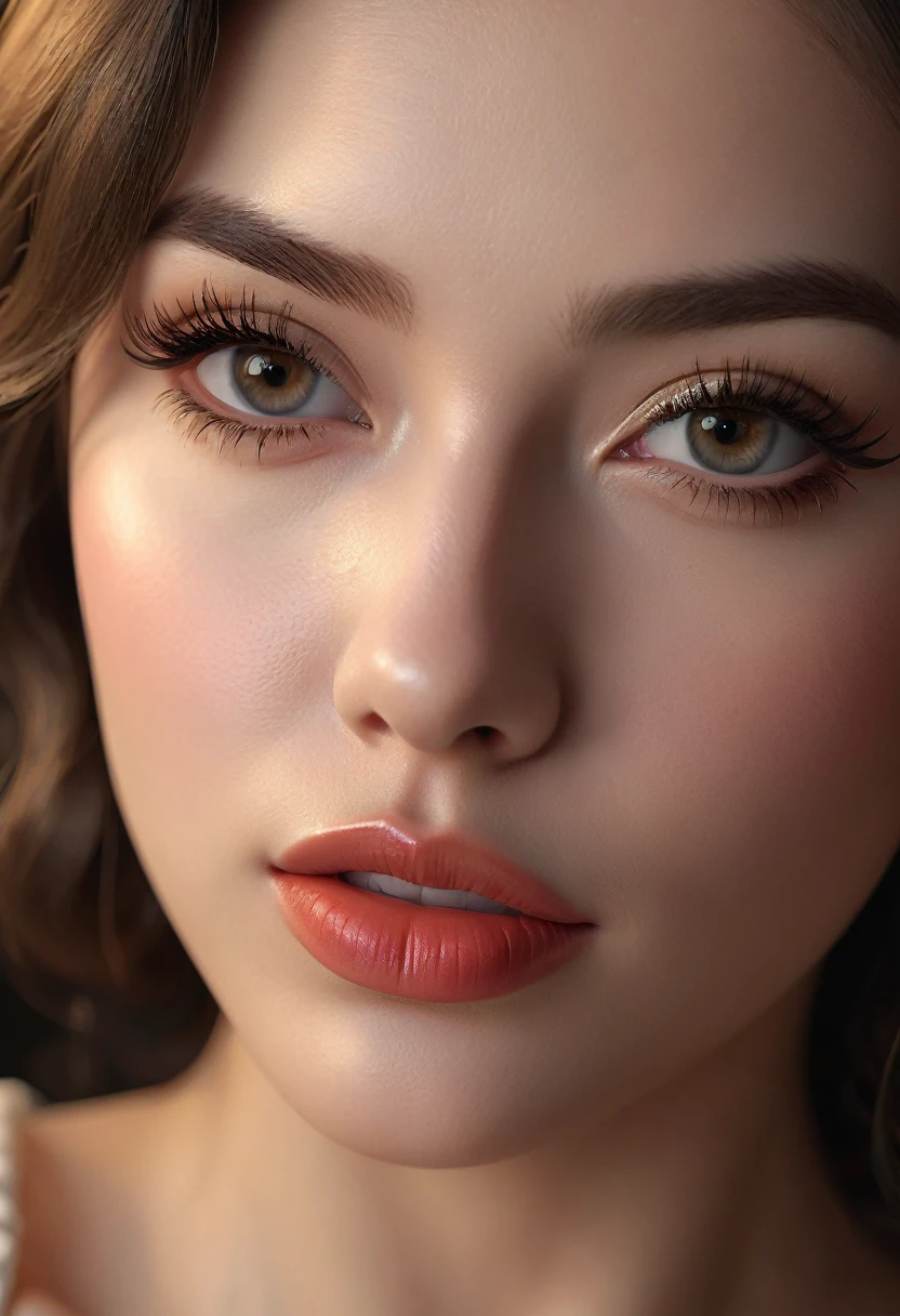 A beautiful woman with an extremely lustful, erotic expression, detailed and realistic face, full sexy lips, large bedroom eyes, long eyelashes, mischievous look, (best quality,4k,8k,highres,masterpiece:1.2),ultra-detailed,(realistic,photorealistic,photo-realistic:1.37),portrait, dramatic lighting, warm color tones, chiaroscuro, cinematic composition