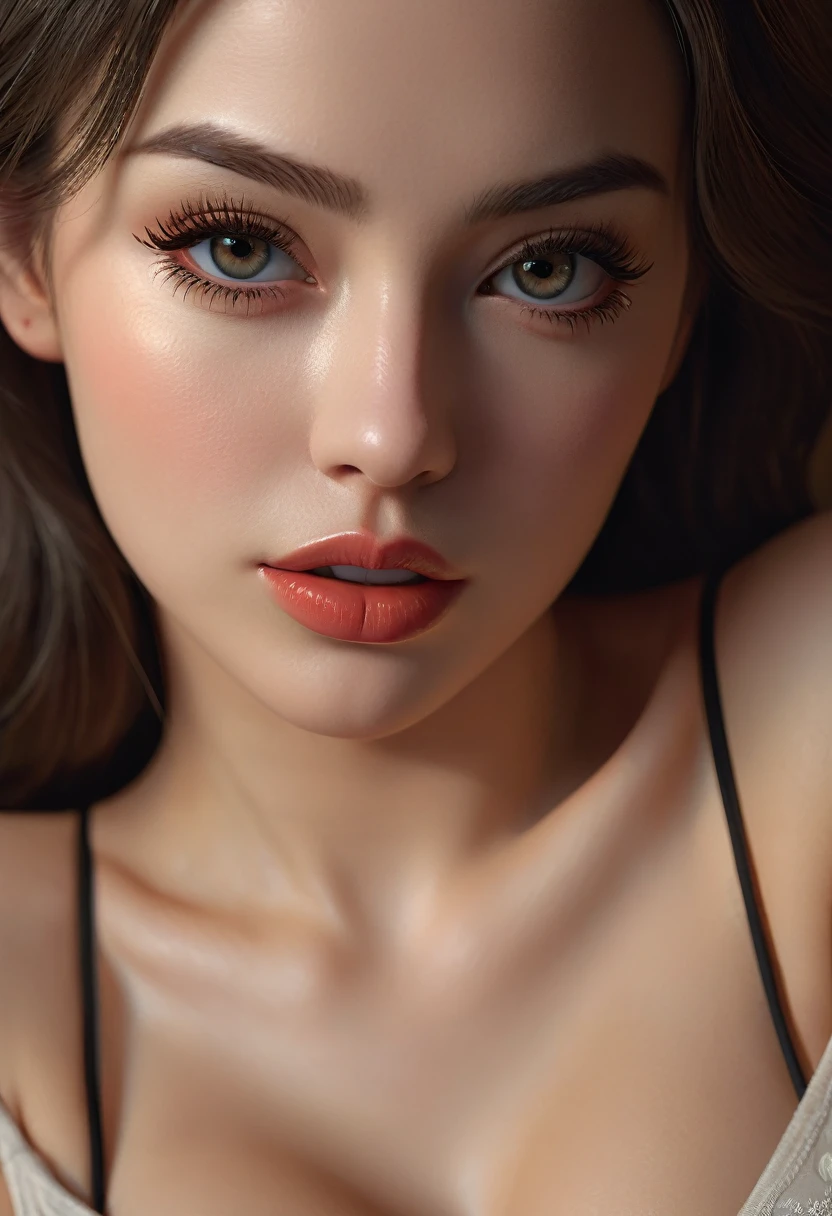 A beautiful woman with an extremely lustful, erotic expression, detailed and realistic face, full sexy lips, large bedroom eyes, long eyelashes, mischievous look, (best quality,4k,8k,highres,masterpiece:1.2),ultra-detailed,(realistic,photorealistic,photo-realistic:1.37),portrait, dramatic lighting, warm color tones, chiaroscuro, cinematic composition