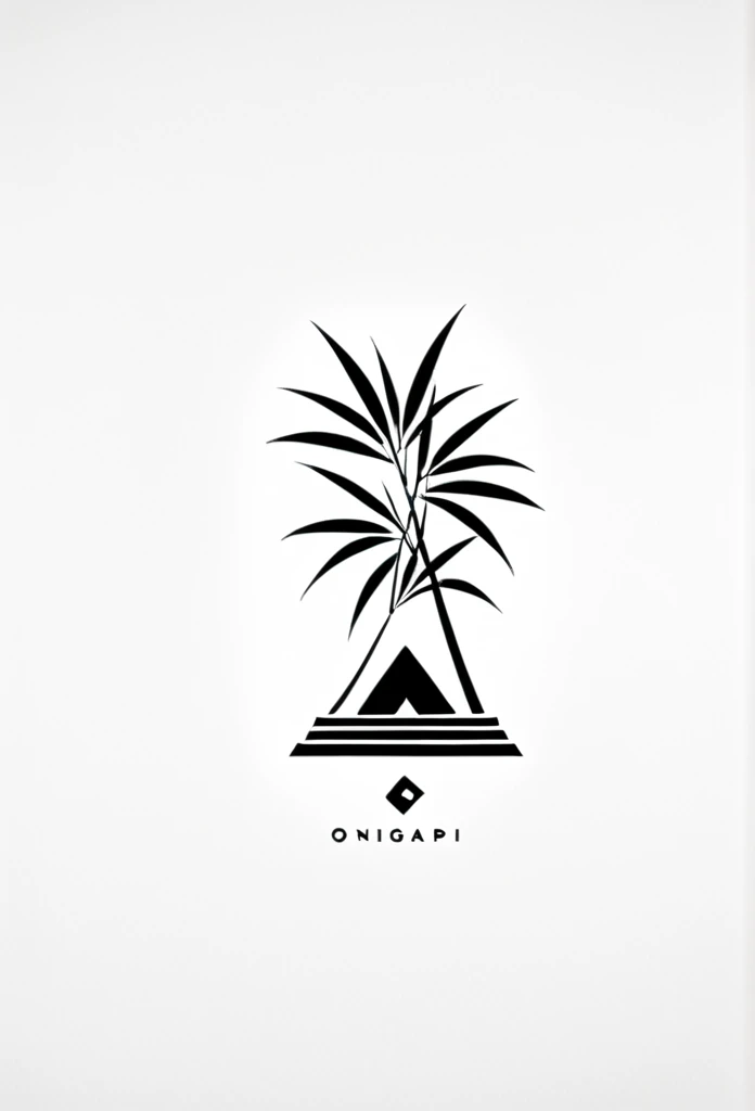 A stylish logo for a Japanese onigiri specialty store. Onigiri, bamboo grass, bamboo leaves, etc. are depicted in the logo like a road. The colors are black and white. Pretty cool. Stylish design. Chic and modern design. White background.