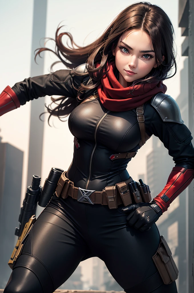 Costume:

Armor: Stylish and sleek tactical suit in deep red and black, providing protection while allowing for ease of movement.
Pants: Form-fitting, black tactical pants that allow for quick and agile movements.
Boots: Sturdy, black combat boots that are both functional and fashionable.
Gloves: Black leather gloves that provide a good grip on her pistols and protect her hands.
Accessories: A utility belt with extra ammunition and gadgets, and a red scarf that adds a touch of flair to her look.
Physical Appearance:

Hair: Long, wavy dark brown hair that she often wears loose, adding to her allure.
Eyes: Hypnotic hazel eyes that draw people in and make it hard to look away.
Build: Slender and athletic, with a graceful yet strong presence.
Face: Beautiful and captivating, with sharp features and a confident, alluring smile.