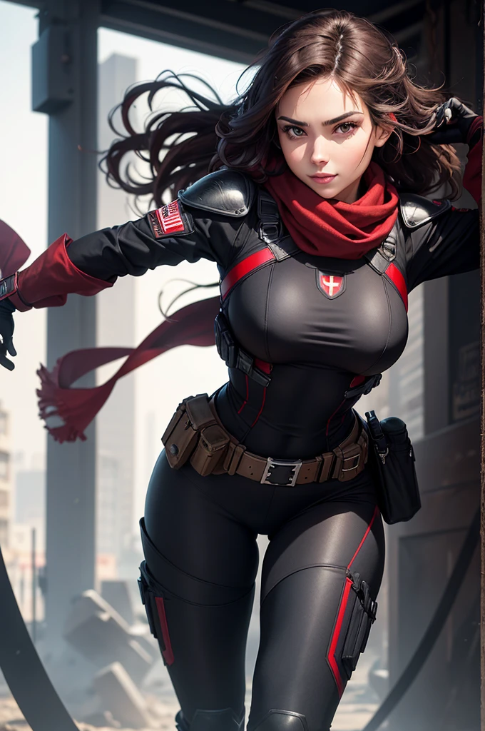 Costume:

Armor: Stylish and sleek tactical suit in deep red and black, providing protection while allowing for ease of movement.
Pants: Form-fitting, black tactical pants that allow for quick and agile movements.
Boots: Sturdy, black combat boots that are both functional and fashionable.
Gloves: Black leather gloves that provide a good grip on her pistols and protect her hands.
Accessories: A utility belt with extra ammunition and gadgets, and a red scarf that adds a touch of flair to her look.
Physical Appearance:

Hair: Long, wavy dark brown hair that she often wears loose, adding to her allure.
Eyes: Hypnotic hazel eyes that draw people in and make it hard to look away.
Build: Slender and athletic, with a graceful yet strong presence.
Face: Beautiful and captivating, with sharp features and a confident, alluring smile.