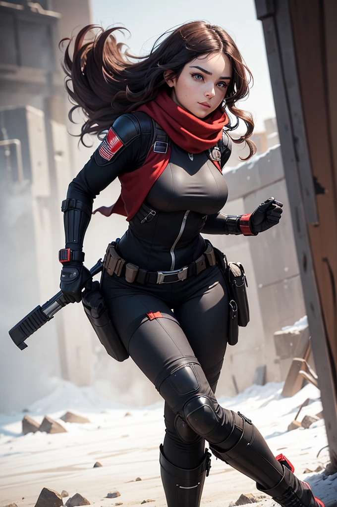 Costume:
Armor: Stylish and sleek tactical suit in deep red and black, providing protection while allowing for ease of movement.
Pants: Form-fitting, black tactical pants that allow for quick and agile movements.
Boots: Sturdy, black combat boots that are both functional and fashionable.
Gloves: Black leather gloves that provide a good grip on her pistols and protect her hands.
Accessories: A utility belt with extra ammunition and gadgets, and a red scarf that adds a touch of flair to her look.
Physical Appearance:
Hair: Long, wavy dark brown hair that she often wears loose, adding to her allure.
Eyes: Hypnotic hazel eyes that draw people in and make it hard to look away.
Build: Slender and athletic, with a graceful yet strong presence.
Face: Beautiful and captivating, with sharp features and a confident, alluring smile.