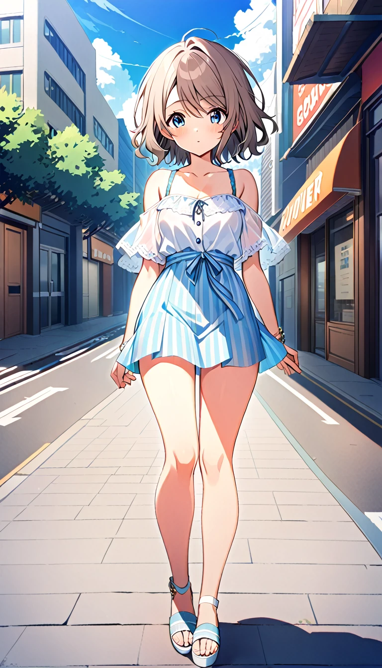 18-year-old adult woman,you watanabe, short hair, blue eyes, brown hair, full body, wearing clothes for going out in the city in midsummer, medium chest,city background, 8k