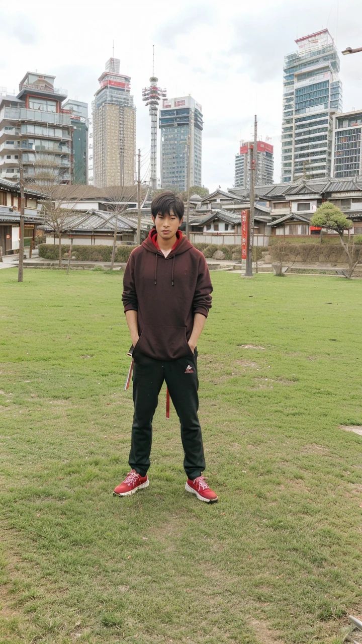 a man wearing red hoodie and 3 swords, Japanese style , Japanese village