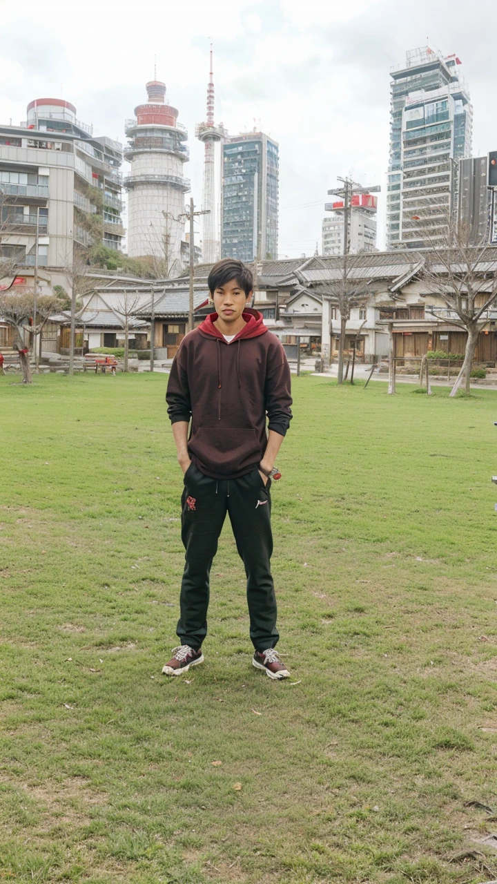a man wearing red hoodie and 3 swords, Japanese style , Japanese village