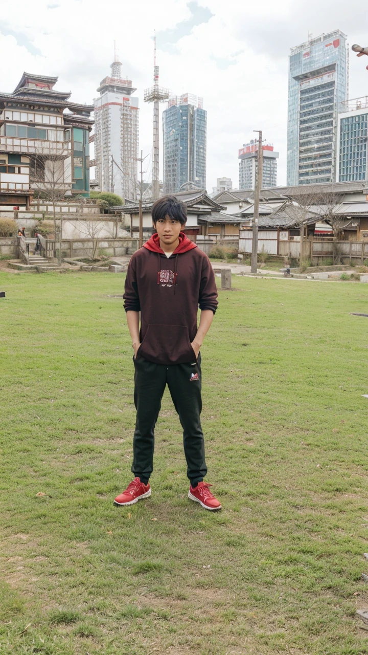 a man wearing red hoodie and 3 swords, Japanese style , Japanese village