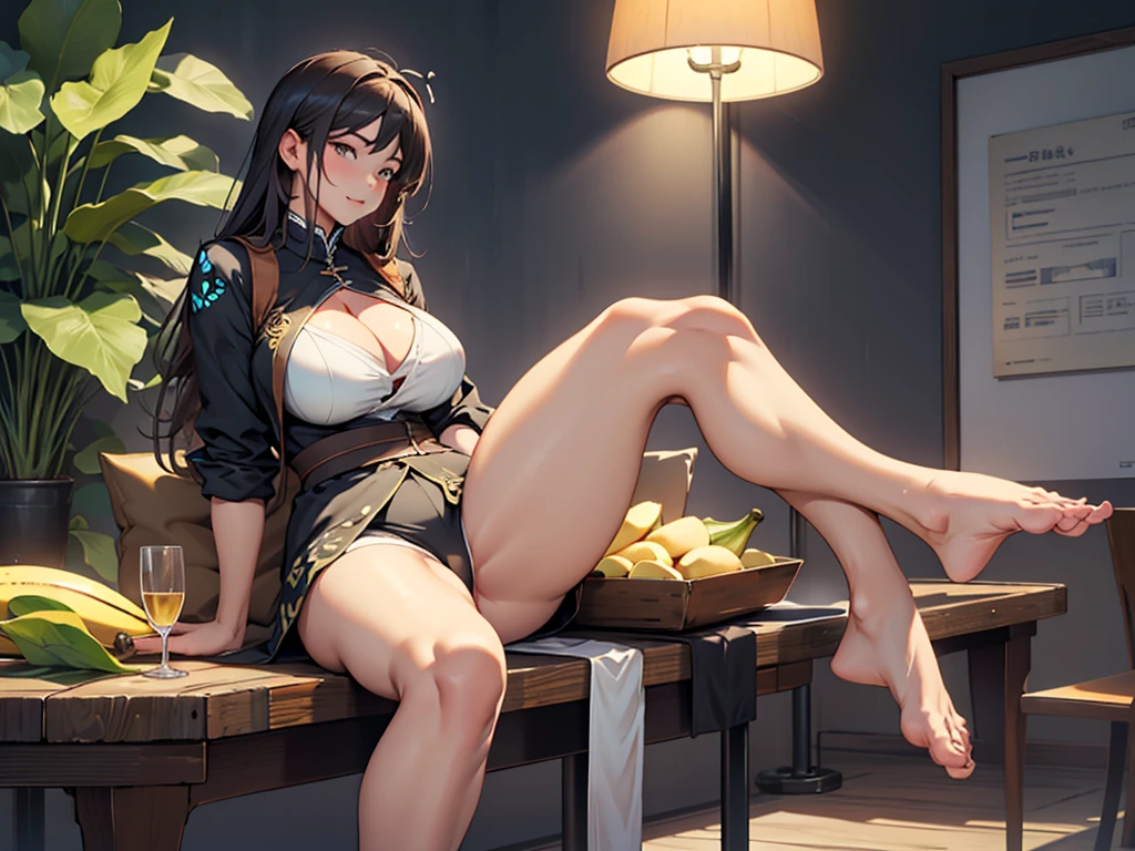 sitting with their knees bent outward and their feet close togethe,sitting "wide-legged" or having legs in a "butterfly" position;spreading legs, Open her legs,a mature woman with big round pump breasts,deep cleavage,thick thighs,fleshy thighs,long legs,holding a banana。sitting on the table,Wearing Nuotang capacity