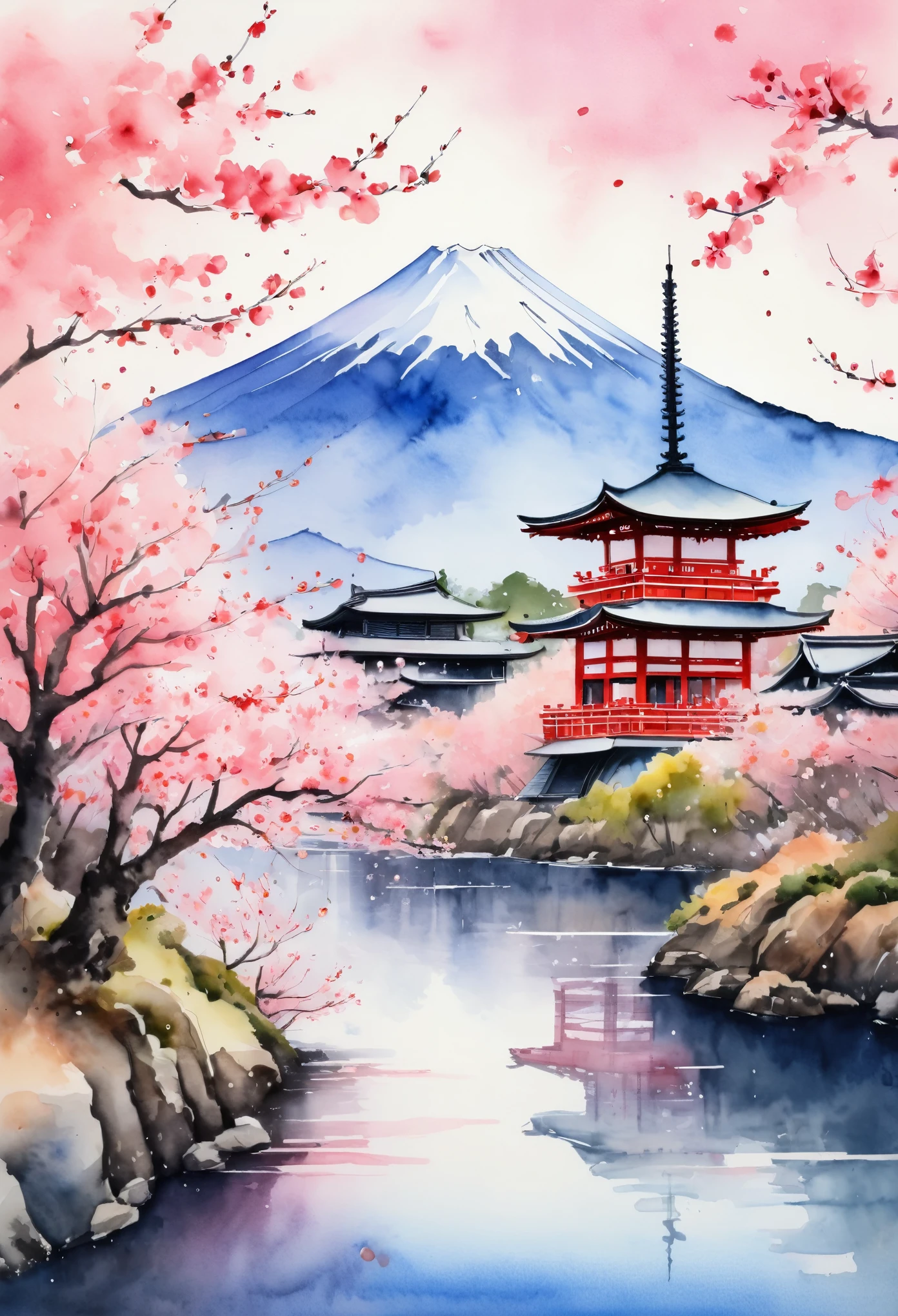 (Cherry blossom :1.5), (ink and watercolor painting:1.5), (Tasteful:1.5), (ink and watercolor painting:1.5), (full color:1.5), 8k, 4k, (landscapes:1.5),(cherry blossom trees:1.5),(wind:1.5),(flying cherry blossom petals:1.5),(kyoto:1.5),(pink theme:1.5),mount fuji in background