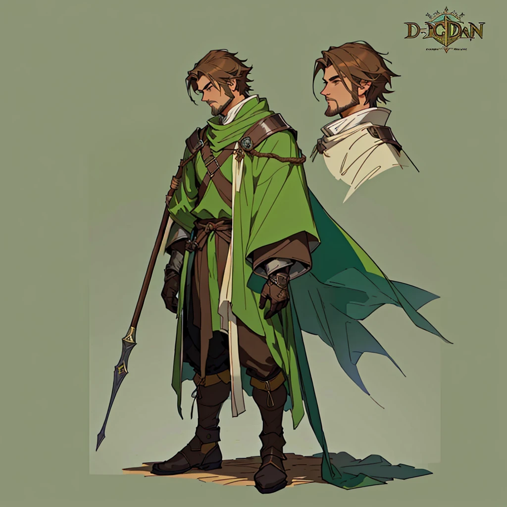 Close-up of a man in a staff costume,
((character concept art)), ((Character design sheet, same character, on front, from on the side, At the back))
Character image, medieval character design, medieval character design,
hair color: brown,
Age: youth, eyecolor: green,
he has a goatee,
He wears gloves on his hands,
He wears a large light green cape over his brown clothes.
He is a researcher, his short brown hair is always trimmed and clean. D&D constume mage style.