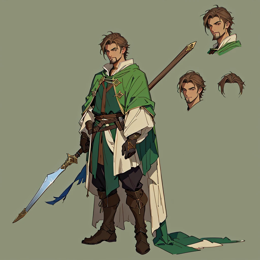 Close-up of a man in a staff costume,
((character concept art)), ((Character design sheet, same character, on front, from on the side, At the back))
 Character image,  medieval character design, medieval  character design, 
hair color: brown, 
Age: youth, eyecolor: green,
he has a goatee, 
He wears gloves on his hands,
He wears a large light green cape over his brown clothes. 
He is a researcher, his short brown hair is always trimmed and clean. D&D constume mage style.